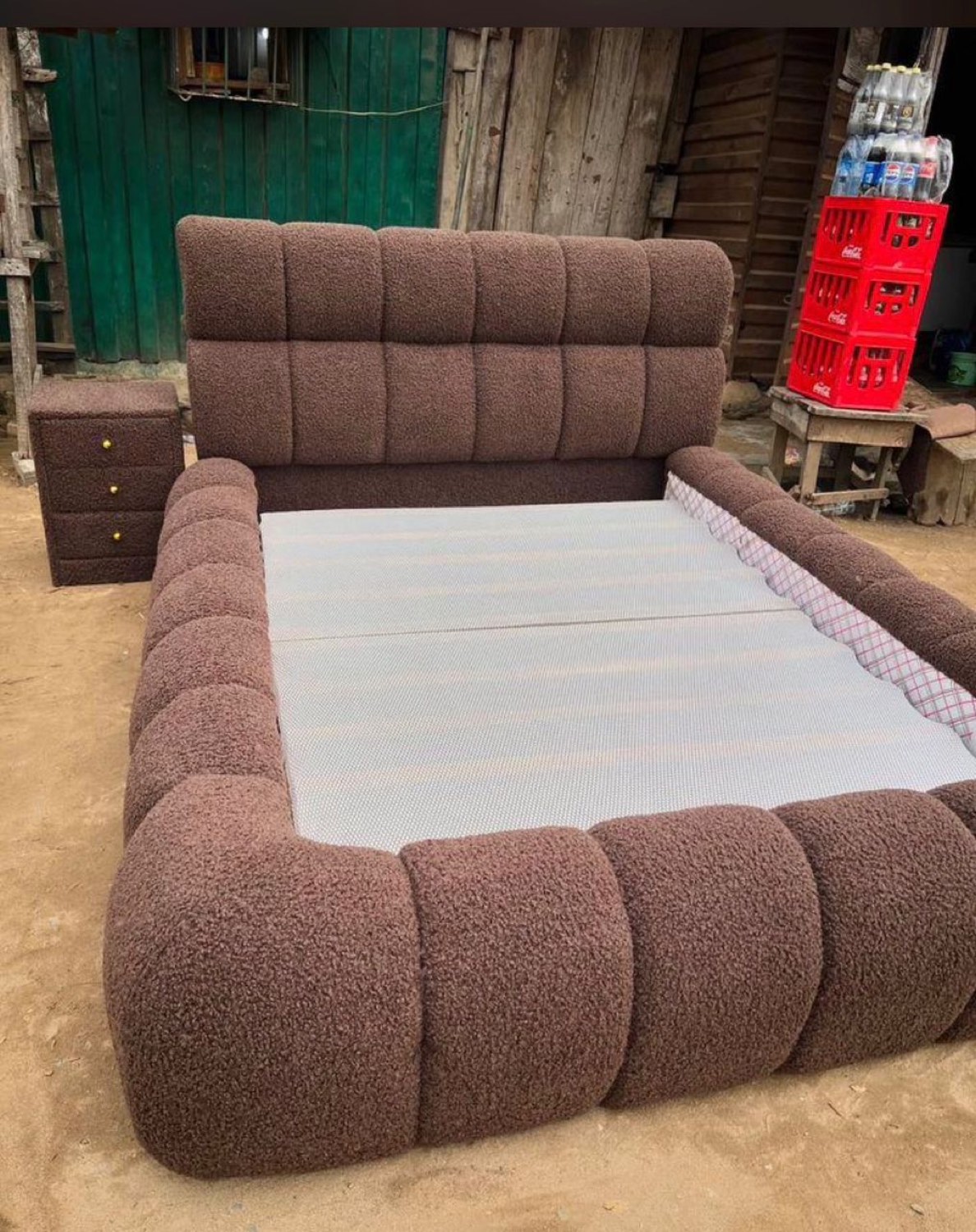 Brown bouclé upholstered bed made in Kumasi